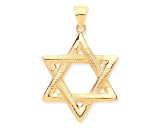 9ct Yellow Gold 1.9cm Embossed Pattern Star of David Pendant Hallmarked - Real 9K Gold