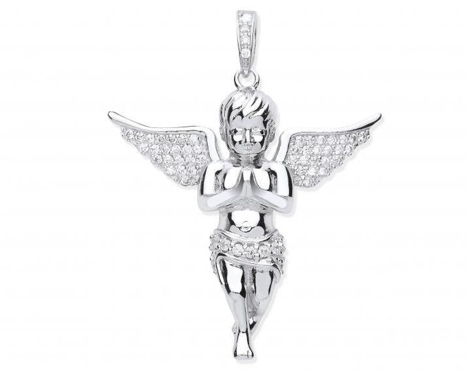 925 Sterling Silver Guardian Angel 3cm Pendant With Micro Pave Set Cz Wings