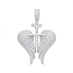 May include: Silver pendant featuring a cross with angel wings, both adorned with sparkling cubic zirconia stones.