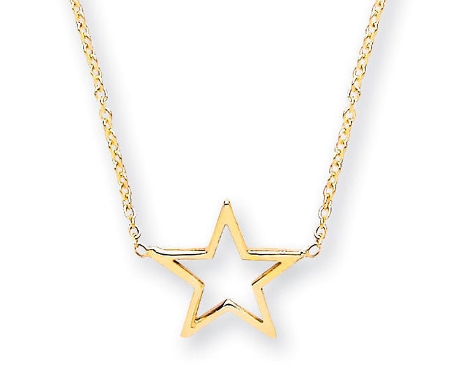 9ct Yellow Gold Small Cut Out Star Pendant on Adjustable 16"-18" Rolo Chain Necklace - Real 9K Gold