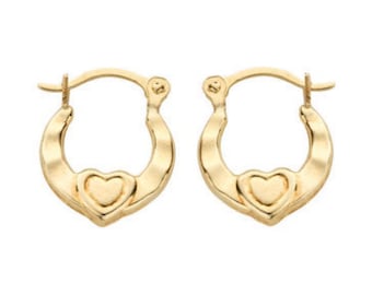 Baby 9ct Yellow Gold 8mm Heart Design Creole Hoop Earrings - Real 9K Gold