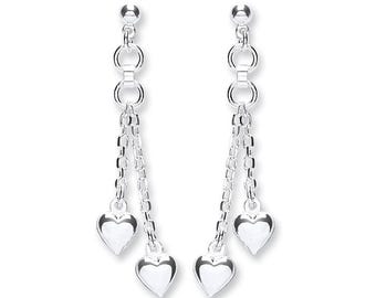 925 Sterling Silver 2 Strand Chain Heart 5.cm Drop Earrings