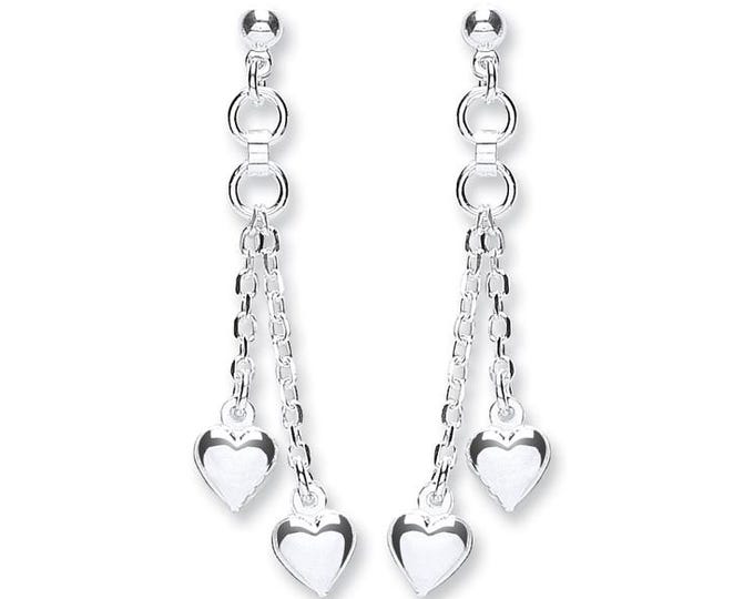 925 Sterling Silver 2 Strand Chain Heart 5.cm Drop Earrings