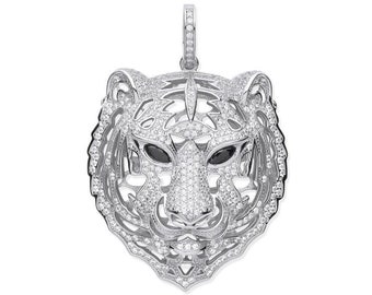 925 Sterling Silver 5.5cm Micro Pave Cz Tiger Head Pendant Black Cz Eyes Hallmarked