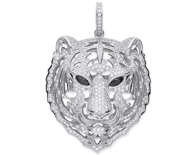 925 Sterling Silver 5.5cm Micro Pave Cz Tiger Head Pendant Black Cz Eyes Hallmarked