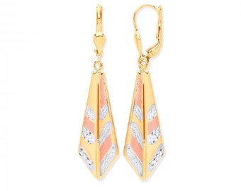 Modern 9ct Tri Colour Gold 4.5cm Geometric Feather Design Drop Earrings - Real 9K Gold