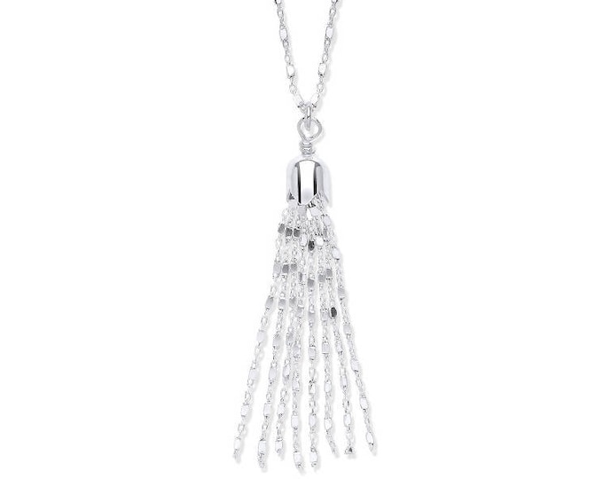 925 Sterling Silver Diamond Cut Belcher & Box Link Chain With Tassel 17" Necklace