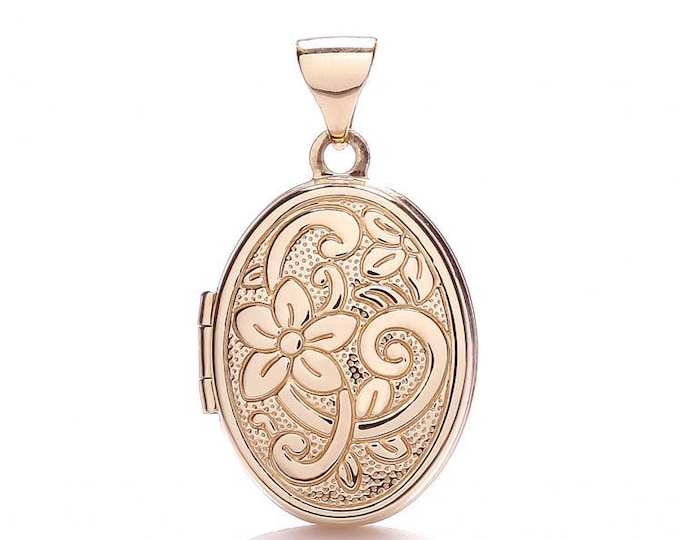 9ct Rose Gold Small 15x12mm Oval Shaped Locket With Embossed Floral Design - Real 9K Gold