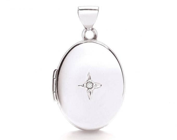 Small 9ct White Gold Small Oval Shaped 2 Photo Locket Set With Single Diamond Hallmarked - Real 9K Gold