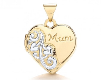 Small 9ct Yellow & White Gold Heart Shaped 2 Photo Mum Engraved Locket Hallmarked - Real 9K Gold