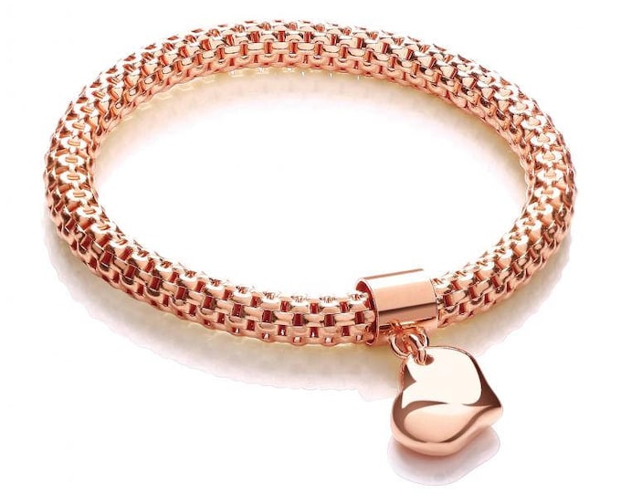 Rose Gold on 925 Sterling Silver Mesh Link Bracelet With Heart Charm Hallmarked