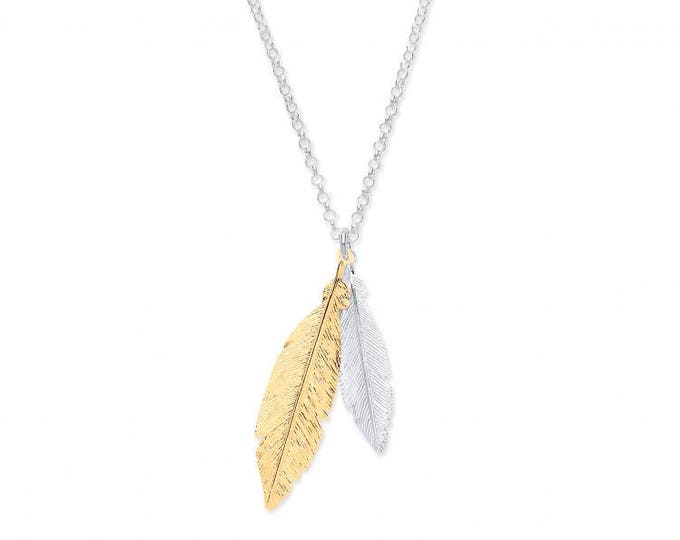 925 Sterling Silver & Yellow Gold Plated Feathers on Adjustable 16"/18" Chain