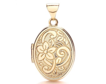 Small 9ct Yellow Gold Small Oval Shaped Locket With Embossed Floral Design - Real 9K Gold