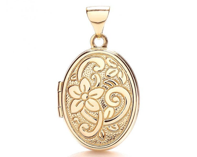 Small 9ct Yellow Gold Small Oval Shaped Locket With Embossed Floral Design - Real 9K Gold
