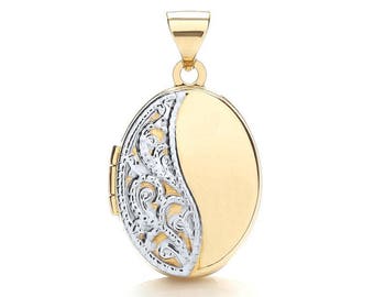9ct Gold Lace Engraved Small Oval Shaped 2 Photo Locket 15x12mm - Real 9K Gold