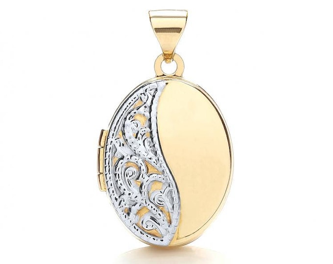 9ct Gold Lace Engraved Small Oval Shaped 2 Photo Locket 15x12mm - Real 9K Gold