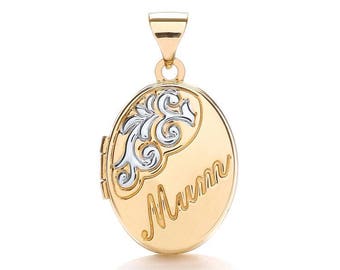 9ct 2 Colour Gold Oval Shaped 2 Photo Mum Engraved Locket Hallmarked - Real 9K Gold