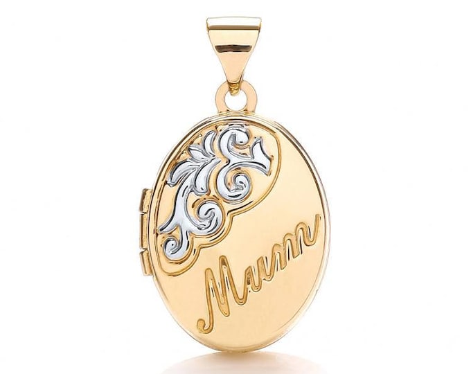 9ct 2 Colour Gold Oval Shaped 2 Photo Mum Engraved Locket Hallmarked - Real 9K Gold