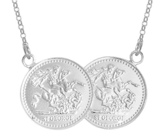 St George Double Half Sovereign Coin 17" Necklace 925 Sterling Silver