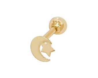 9ct Yellow Gold Star & Moon Helix Cartilage 6mm Bar Single Stud Screw Back Earring - Real 9K Gold