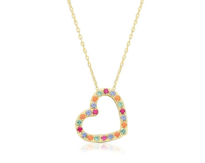 9ct Yellow Gold Rainbow Cz Small 8mm Heart Charm Chain 15.5" to 16.5" Necklace - Real 9K Gold