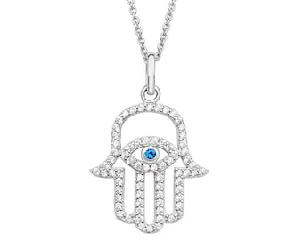 Evil Eye Hamsa Hand Cz Charm Pendant on 16"-18" Necklace Rhodium Plated Silver