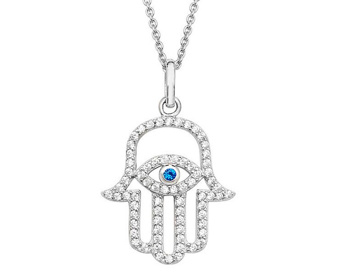 Evil Eye Hamsa Hand Cz Charm Pendant on 16"-18" Necklace Rhodium Plated Silver