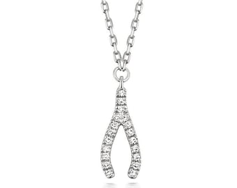 9ct White Gold 0.04ct Diamond Wishbone 18" Necklace Hallmarked - Real 9K Gold