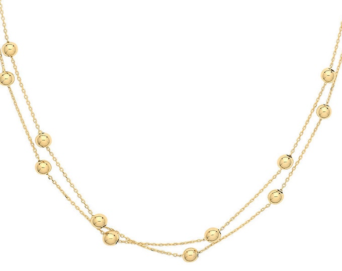 Ladies Contemporary 9ct Yellow Gold 2 Strand Beaded 17" Necklace - Solid 9K Gold