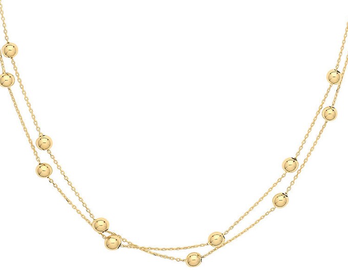 Ladies Contemporary 9ct Yellow Gold 2 Strand Beaded 17" Necklace - Solid 9K Gold