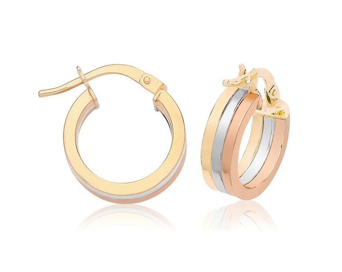 9ct Three Colour Yellow White Rose Gold Flat Stripe Hoop Earrings  - Real 9K Gold 10mm 15mm 20mm 30mm