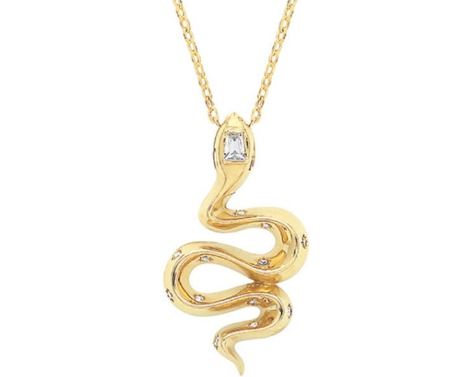 9ct Yellow Gold Cz Serpent Snake Charm Pendant on 16"-18" Necklace- Real 9K Gold