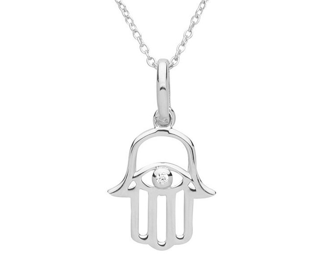 Cut Out Hamsa Hand Cz Charm Pendant on 16"-18" Necklace Rhodium Plated Silver