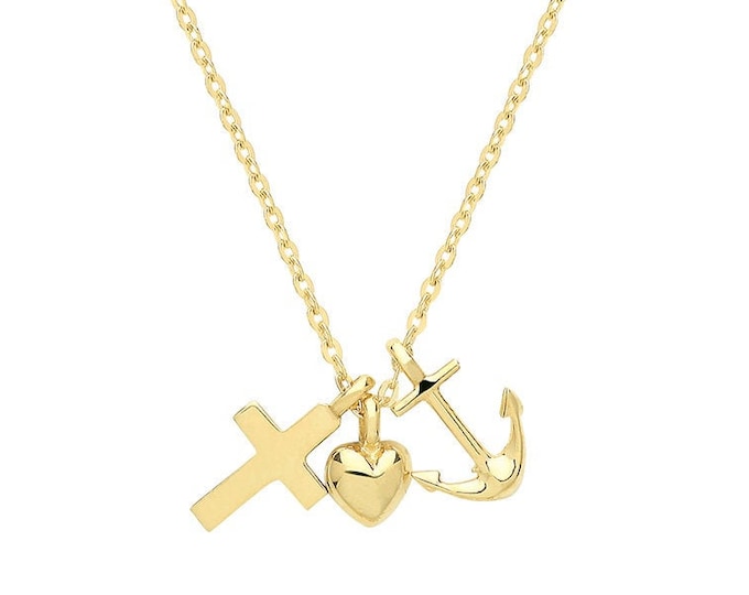 9ct Gold Faith Hope & Charity Charms Pendants on Adjustable 15.5"-17.5" Necklace Hallmarked