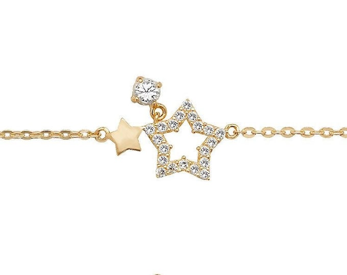 Ladies 9ct Yellow Gold Cz Double Star 7.25" Fine Lightweight Chain Bracelet - Real 9K Gold