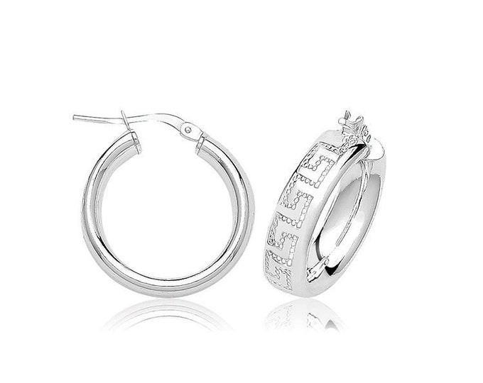 925 Sterling Silver Greek Key Embossed Design Hollow Hoop Earrings 15mm 20mm 25mm 30mm 40mm 50mm