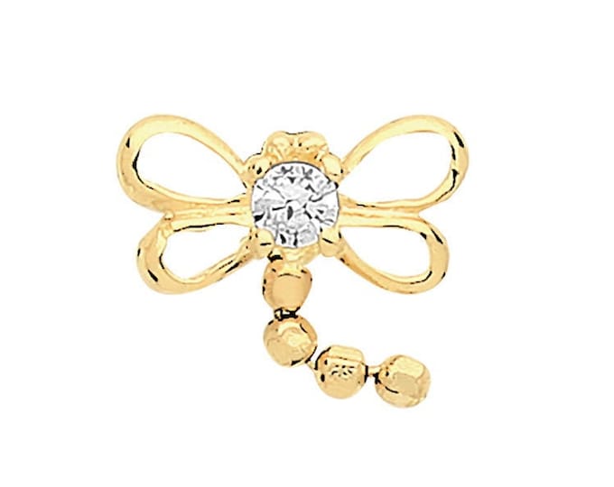 9ct Yellow Gold Cz Dragonfly Cartilage 6mm Post Screw Back Single Stud Earring - Real 9K Gold