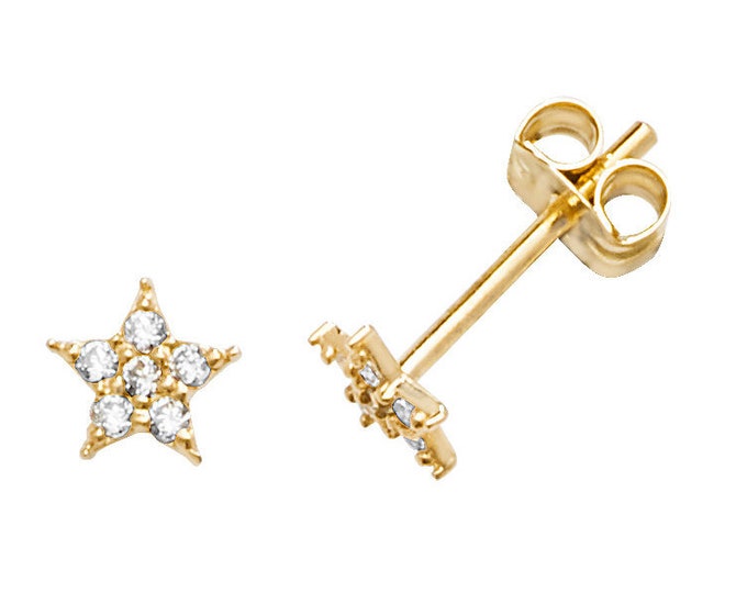 9ct Gold Small 5mm Star Stud Earrings Pave Set With Cubic Zirconia Stones - Real 9K Gold