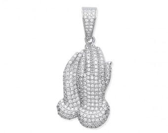 Praying Hands 3.5cm Micro Pave Cz Pendant 925 Sterling Silver