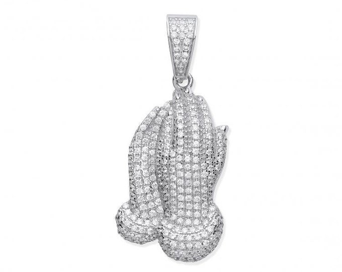 Praying Hands 3.5cm Micro Pave Cz Pendant 925 Sterling Silver