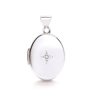 Small 9ct White Gold Small Oval Shaped 2 Photo Locket Set With Single Diamond Hallmarked - Real 9K Gold