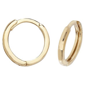 9ct Yellow Gold 7mm Internal Diameter Plain Hinged Hoop Earrings - Real 9K Gold