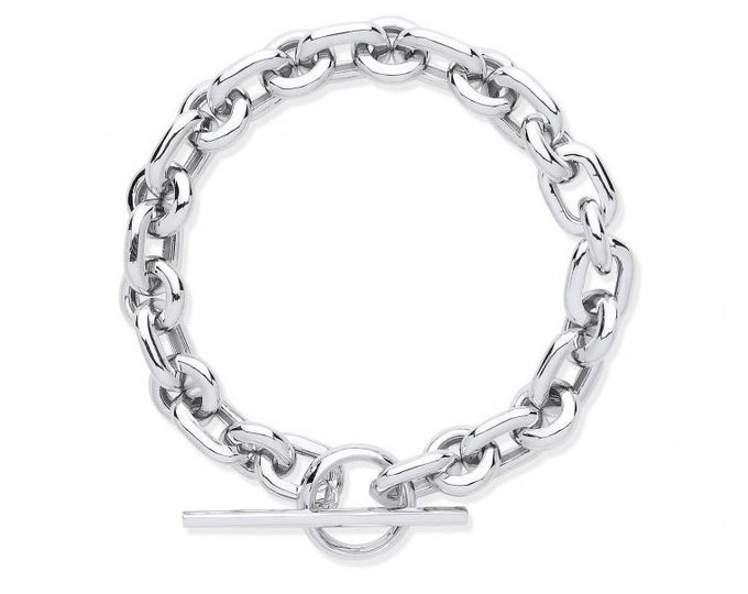 Ladies Rhodium Plated 925 Sterling Silver 7" Chunky Curb Link T-Bar Bracelet Hallmarked