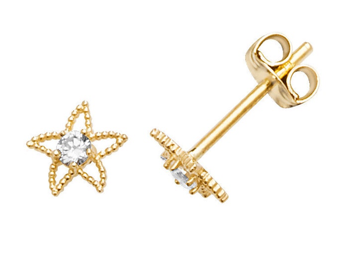 9ct Yellow Gold Small 5mm Centre Cz Starfish Stud Earrings - Real 9K Gold