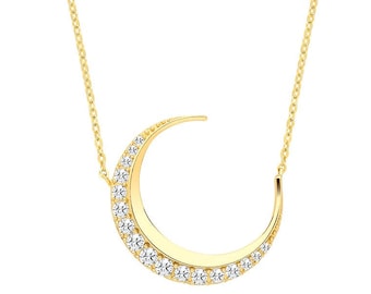 9ct Yellow Gold Pave Cz Crescent Moon Pendant on Adjustable 16"-18" Necklace- Real 9K Gold