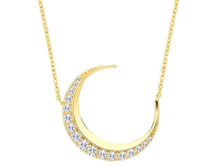 9ct Yellow Gold Pave Cz Crescent Moon Pendant on Adjustable 16"-18" Necklace- Real 9K Gold