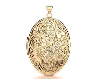 9ct Yellow Gold Oval Shaped 4 Photo Family Locket With Full Embossed Scroll - Real 9K Gold