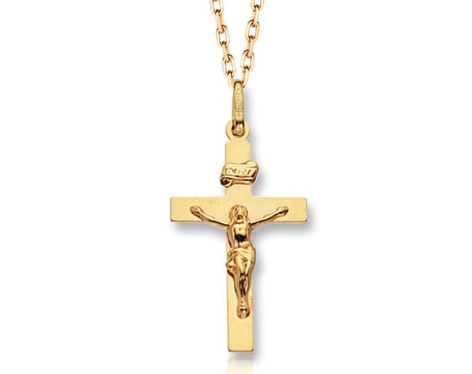 9ct Yellow Gold 2.5cm Flat Design INRI Crucifix Cross Pendant Hallmarked - Real 9K Gold