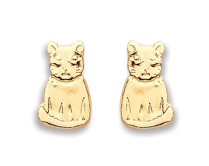 9ct Yellow Gold Small Cat Design Stud Earrings 8x5mm - Real 9K Gold