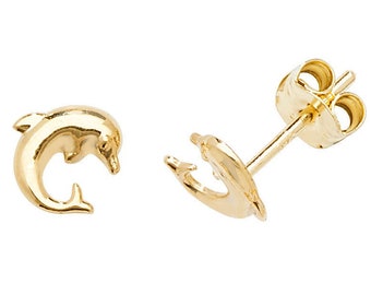 9ct Yellow Gold Small 6mm Dolphin Stud Earrings - Real 9K Gold